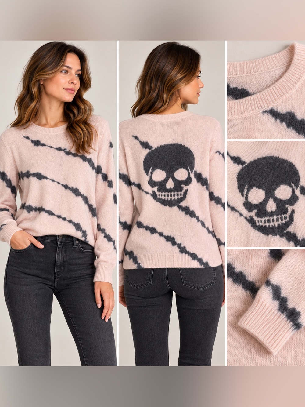 Skull Cashmere 100% Cashmere Pink Charcoal Tie Dye Skull Sweater S
